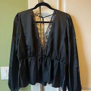 Long-Sleeve Satin Lace-Trim Top